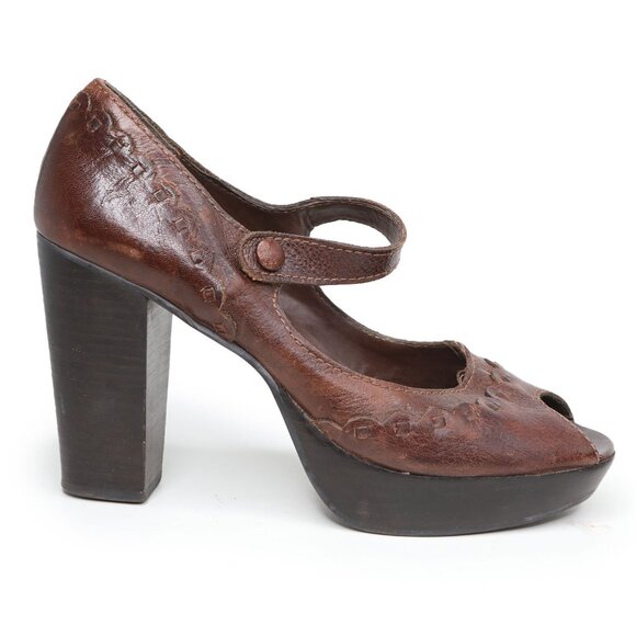 MIA Leather Mary Jane Platform Pumps Y2K Brown Peeptoe Chunky Heels Retro Mod - Picture 3 of 12